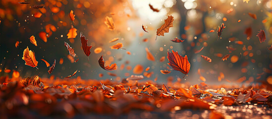 Autumn leaves falling with sunlight natural background generated by ai - obrazy, fototapety, plakaty