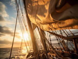 Backlit sails of a traditional tall ship on the atlantic 