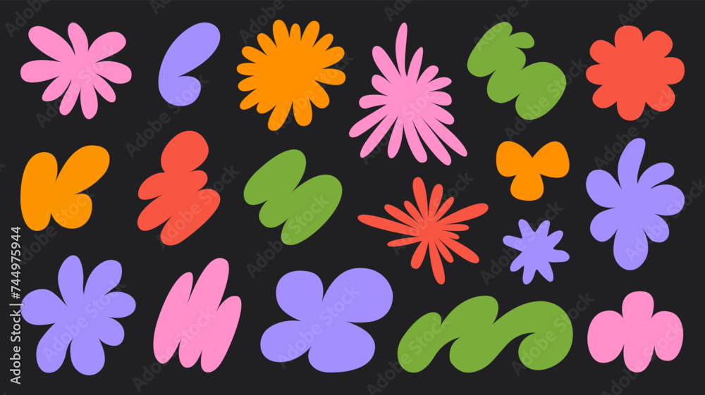 Poster abstract set colorful retro groovy shapes on a black background. vector illustration in style 90s, 0