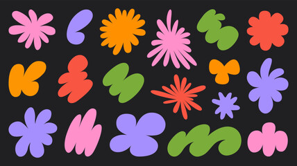 Abstract set colorful retro groovy shapes on a black background. Vector illustration in style 90s, 00s