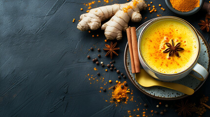 Traditional Indian drink turmeric latte or golden milk on dark background, copy space, generative ai - obrazy, fototapety, plakaty