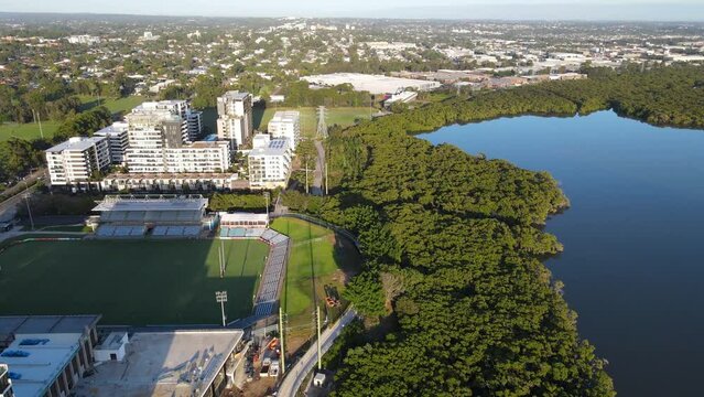 Aerial drone view of residential buildings at Woolooware Bay in the Sutherland Shire, South Sydney, NSW Australia during a sunny morning in February 2024   