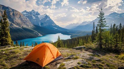 People Camping against a lake and mountain - obrazy, fototapety, plakaty