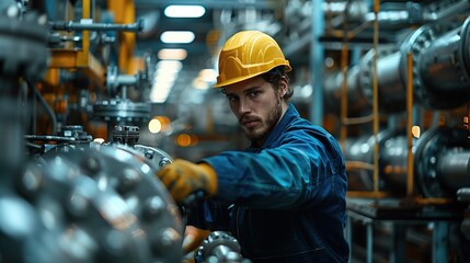 a person working on machinery in an industrial setting. The machinery is complex and metallic, and there are machines and equipment.
