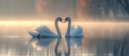 Foto op Aluminium A pair of beautiful white swans on a misty Lake with a morning View © GoDress