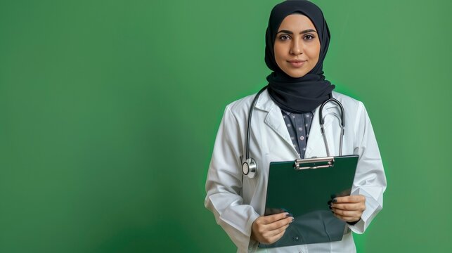 A doctor in hijab and holding a clipboard on green background.