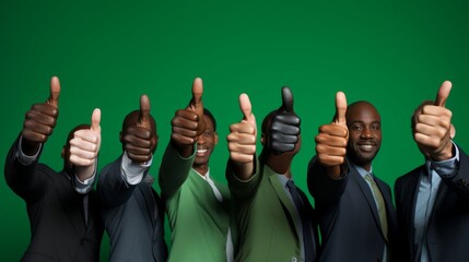 Diverse business people giving thumbs up on green background, agreement and diversity concept