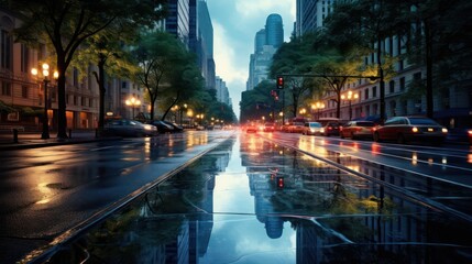 calm serene rain sky composition, embraced by the cool and calming light of a post-dusk city, capturing the beauty of rainfall in an urban setting