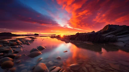 Fotobehang Find stones near the sea with a dramatic sky and vibrant sunset colors. © Muhammad
