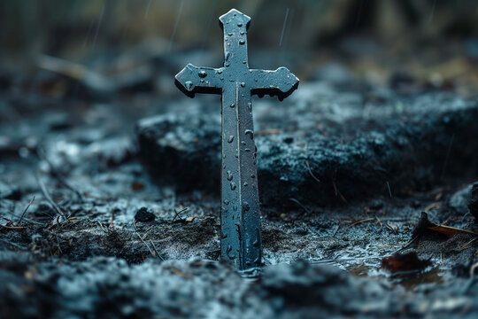 A medieval knight's sword stuck in the ground