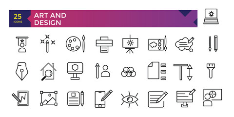 Art and Design Simple Set of Creativity Related Vector Line Icons graphic design tools collection