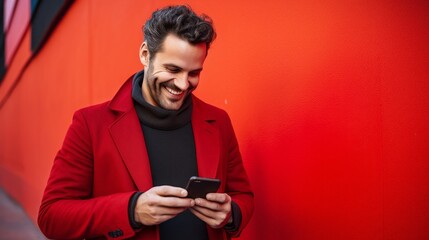 A smiling happy Man Uses a Smartphone, Types a message, Watch Funny Video jokes near the Red Wall of the Building on the street with a copy space. Mobile Applications, Social Networks, New Concepts.