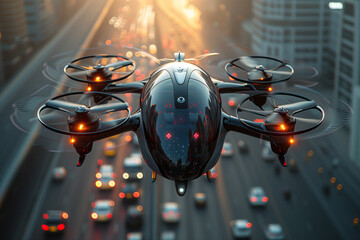Quadcopter taxi is flying over the city - obrazy, fototapety, plakaty