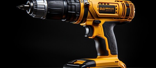 Cordless driver drill with screw bit on yellow copy space background