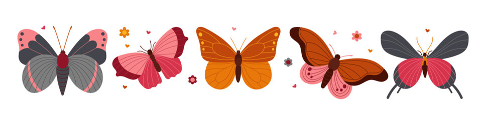 Cartoon flat Butterfly set with flowers. Insects with beautiful spread wings. Exotic insects vector isolated on white background. Hand drawn sketch elements. Beautiful insects in flight Illustration.
