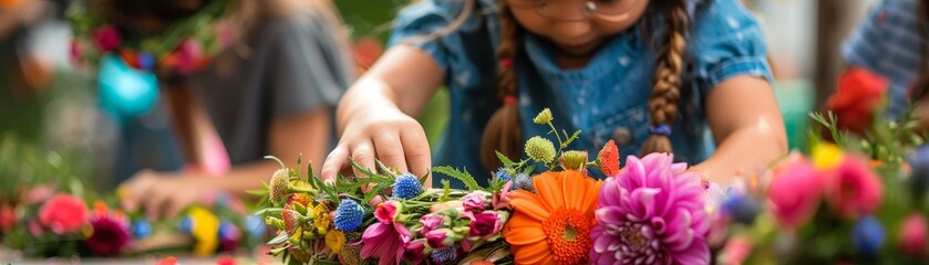 Floral wreath making workshop at a Victoria Day festival, crafts, children and adults participating, outdoor, creative