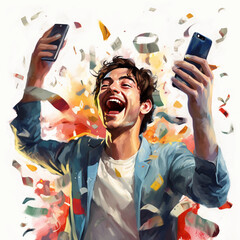 A young man celebrating a victory or a lottery win with a phone in his hand shouting with joy, sleeping confetti all around. Job ID: 837ac03a-ac79-4699-909f-6f19fe778a6c