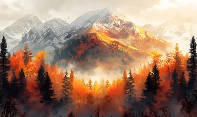 Poster Beautiful nature landscape with mountains and pine tree, generated by AI © Sigit