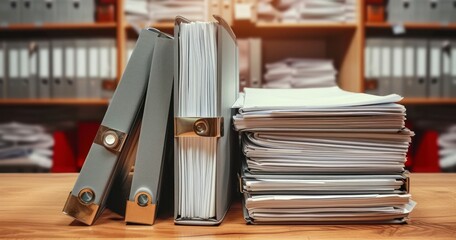 Stacks of Folders with Important Documents Neatly Arranged on a Table in the Archive - obrazy, fototapety, plakaty