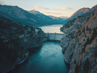 Aerial view of Hydroelectric power dam on a river and mountains 