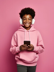 African boy wearing a pink sweatshirt holding a phone isolated on a pink background 