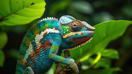 a chameleon changing its colors against a backdrop of vibrant rainforest foliage. The colors of the chameleon and the foliage should create a stunning contrast ,