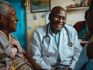 African doctor, Doctor and elderly patient with good news after checking for health in hospital. 