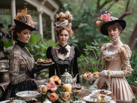 Victorian era garden party, guests in period attire, elegant tea setup, spring blooms, celebrating Victoria Day heritage.