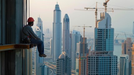 A construction worker in Dubai, UAE, working on a skyscraper, with the citya??s skyline in the background