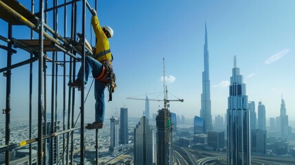 A construction worker in Dubai, UAE, working on a skyscraper, with the citya??s skyline in the background