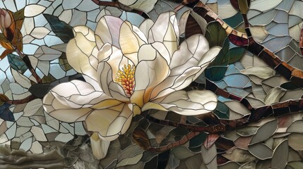 captivating stained glass composition featuring a magnolia blossom, capturing its pure and elegant form in a mosaic of soft pastels and whites