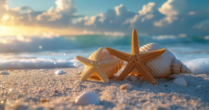 Seashells and Starfish Scatter Over the Golden Sands of a Breathtaking Tropical Beach