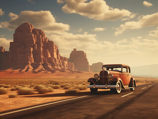 American desert road in wild west with vintage car 