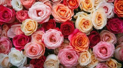 Bouquet of beautiful flowers. Floral background. Wallpaper or greeting card. Colorful roses background