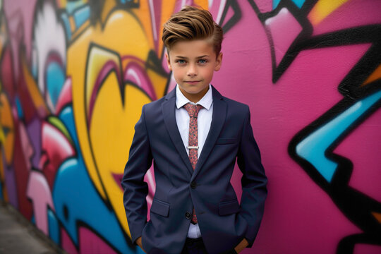 Dressed in business clothes, a kid model strikes a pose against a solid wall of various colors. His attractive look and perfect hairstyle exude confidence and sophistication.