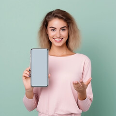 Attractive smiling young woman holding a huge smartphone with a blank space in its screen Job ID: 5d85feec-4658-4fe1-a21d-de85f4aa81d5