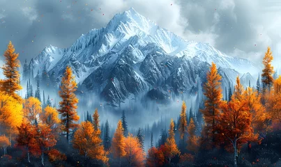 Gartenposter Beautiful nature landscape with mountains and pine tree, in winter, generated by AI © Sigit