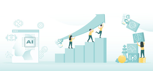 Artificial Intelligence (AI) technology and business ideas collection set. Collaboration between human and AI robot, building boxes, goal setting, innovation. Flat vector design illustration.