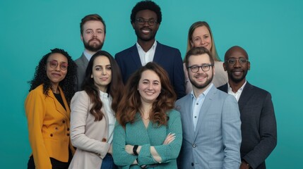 A group of seven business professionals in a spacious office with a teal background. They are all looking at the camera with optimistic smiles