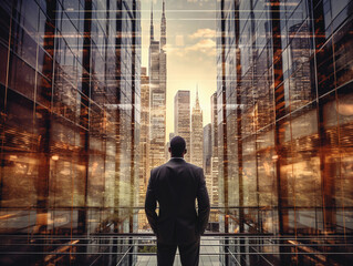 back of businessman in suit with business office glass modern buildings background for economic market stock investment, financial freedom portfolio or company profit and strategy growth IPO banner 