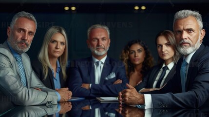 Obraz premium A group of six senior executives in a luxurious boardroom with a dark blue background. They are all looking at the camera with serious expressions