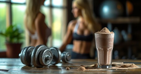 Fitness Journey - A Composition Highlighting a Metal Dumbbell and Protein Shake with a Blurred Background Woman