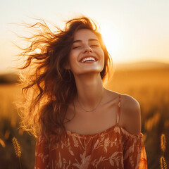 Backlit Portrait of calm happy smiling free woman with closed eyes enjoys a beautiful moment life on the fields at sunset Job ID: e241c5cc-9354-4185-af52-00d860e9692c