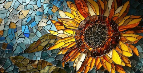 captivating stained glass composition featuring a sunflower, capturing the iconic golden hues and bold patterns in a mosaic design