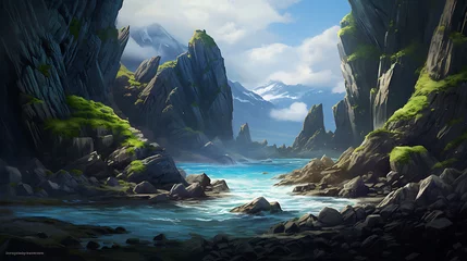 Wandaufkleber Present an enchanting scene of ocean stones with a backdrop of cliffs. © Muhammad