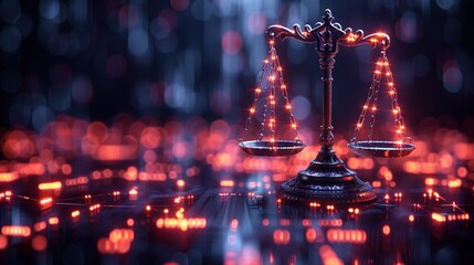Digital legal scales, on the table in black background, symbol of justice.