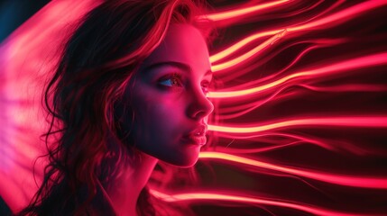Night view of young woman with red and pink neon light lines Artistic concept of light and beauty of young woman.

