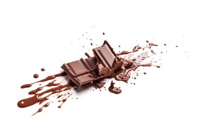Fototapeta premium Pieces of broken chocolate bar with chocolate drippings Isolated on white background.