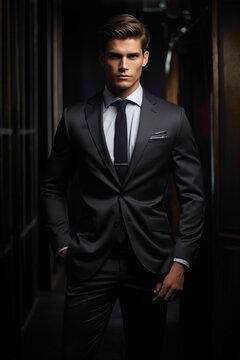 Against a backdrop of subtle elegance, the male model stands tall and confident in his tailored business suit, his gaze steady and his demeanor commanding respect.
