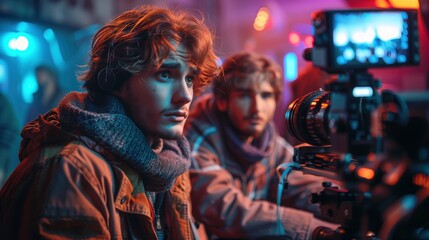 Obraz premium Young men are chatting live on a podcast through a camera in a studio.